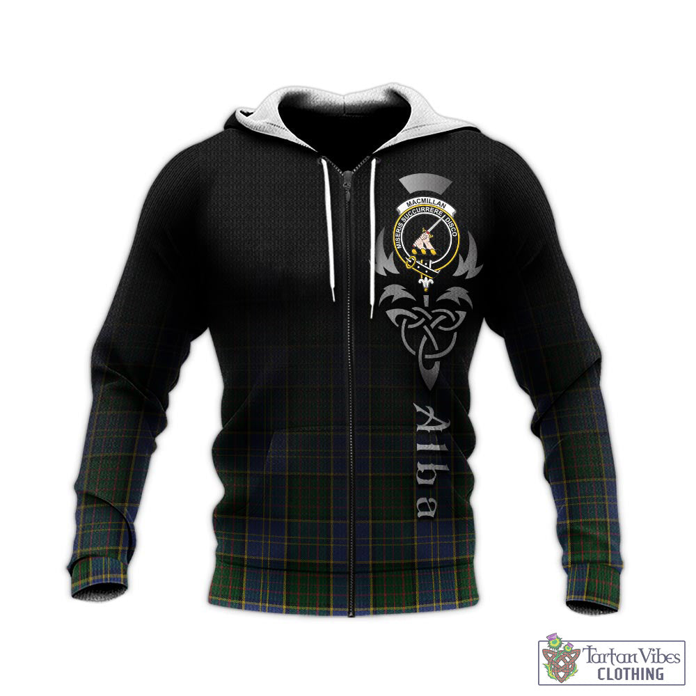 Tartan Vibes Clothing MacMillan Hunting Tartan Knitted Hoodie Featuring Alba Gu Brath Family Crest Celtic Inspired