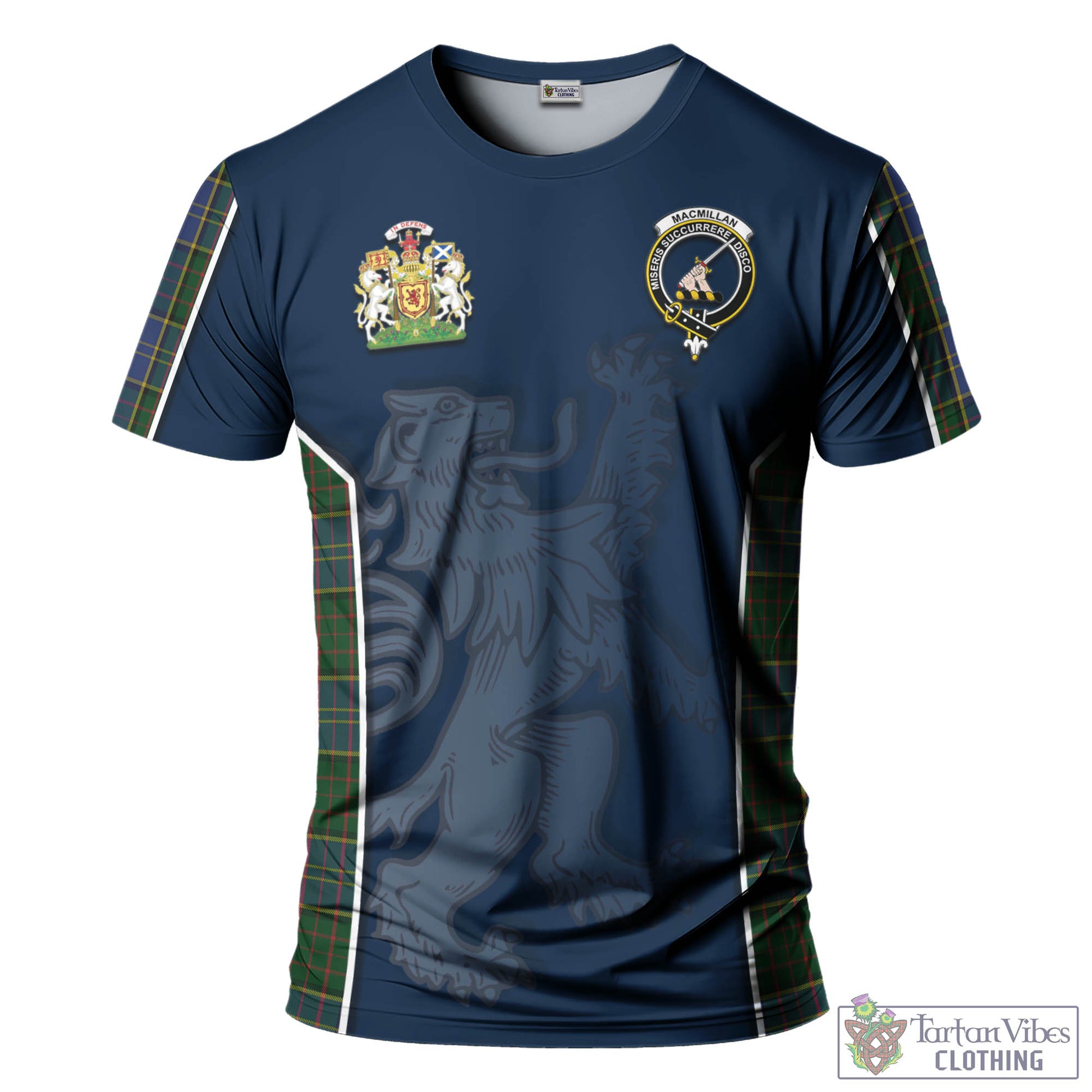 Tartan Vibes Clothing MacMillan Hunting Tartan T-Shirt with Family Crest and Lion Rampant Vibes Sport Style