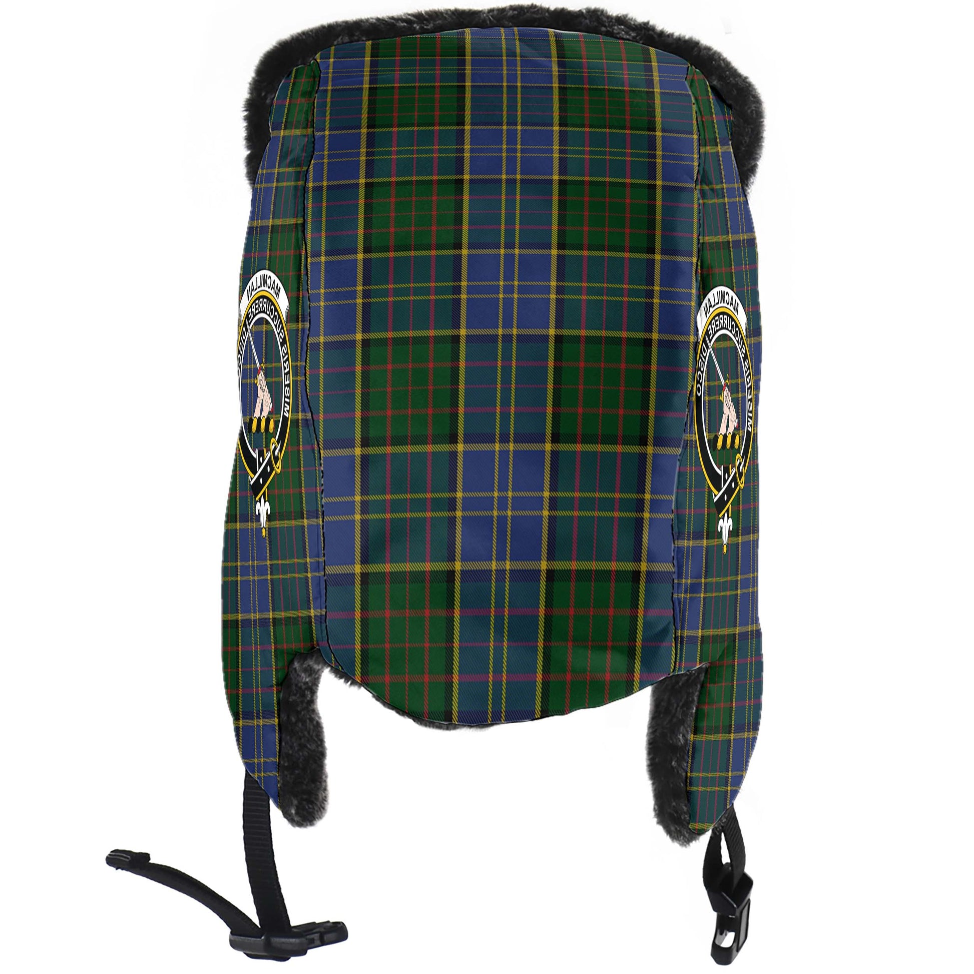 MacMillan Hunting Tartan Winter Trapper Hat with Family Crest - Tartanvibesclothing