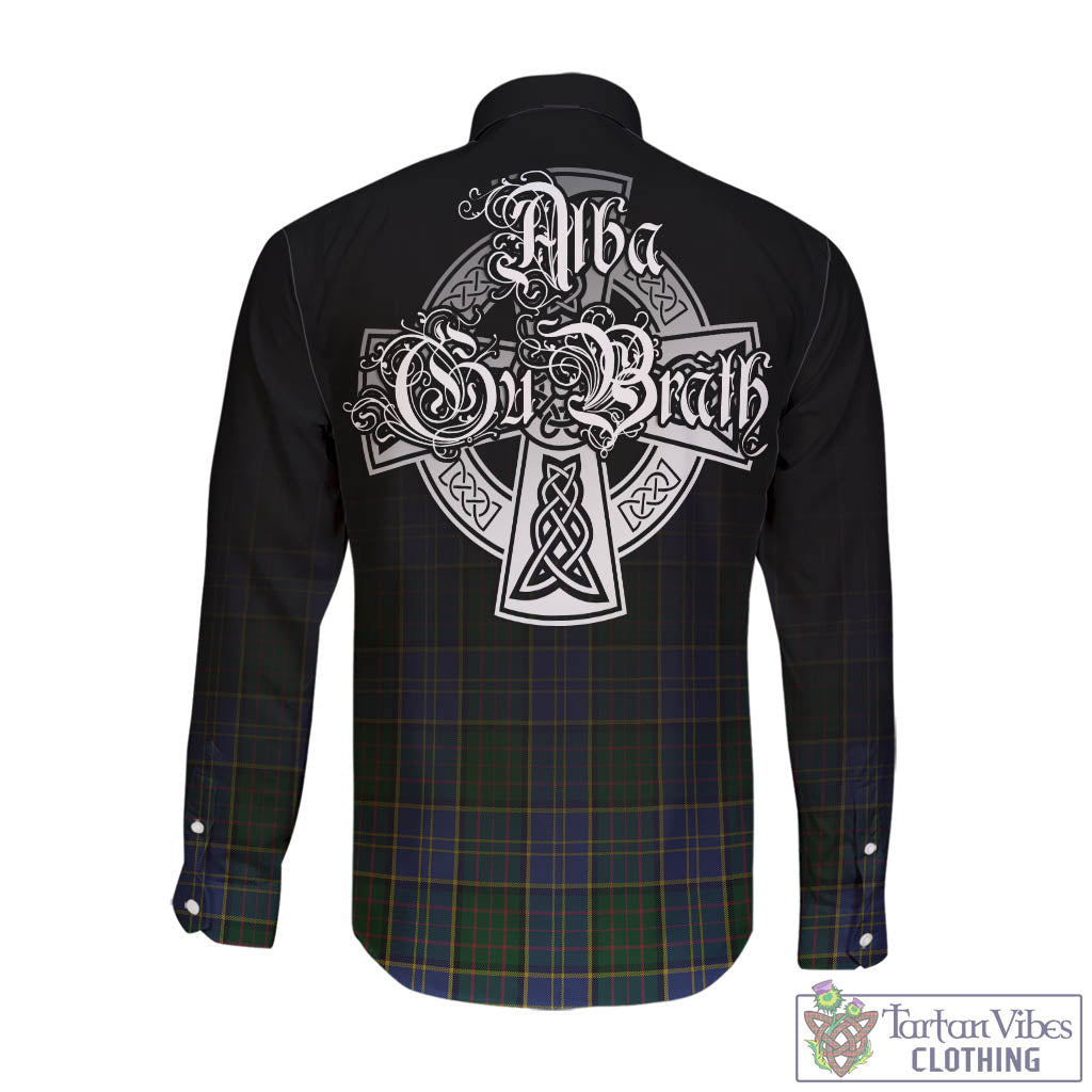 Tartan Vibes Clothing MacMillan Hunting Tartan Long Sleeve Button Up Featuring Alba Gu Brath Family Crest Celtic Inspired