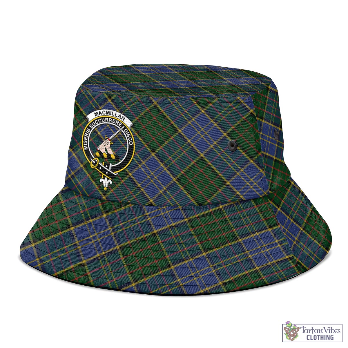 Tartan Vibes Clothing MacMillan Hunting Tartan Bucket Hat with Family Crest