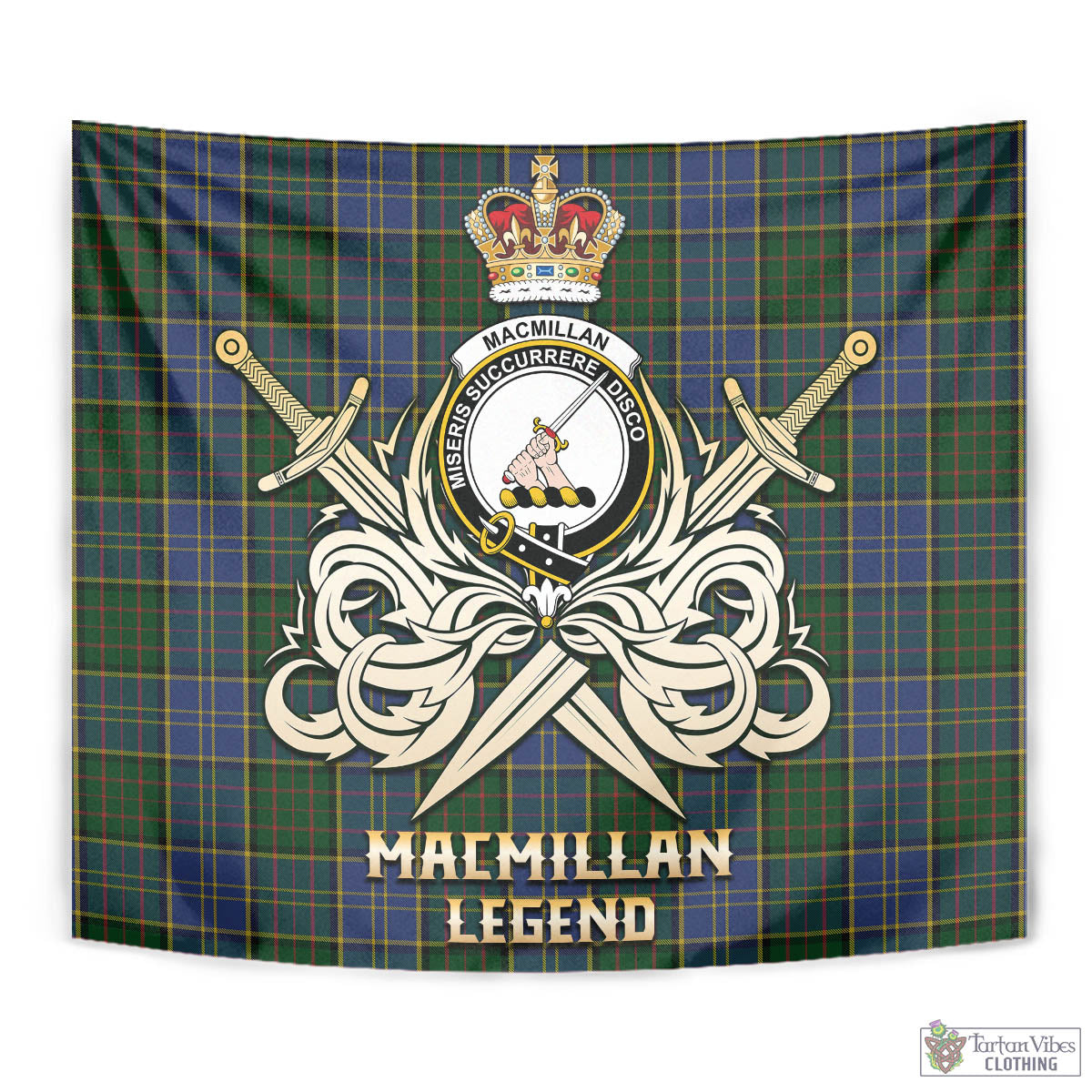 Tartan Vibes Clothing MacMillan Hunting Tartan Tapestry with Clan Crest and the Golden Sword of Courageous Legacy