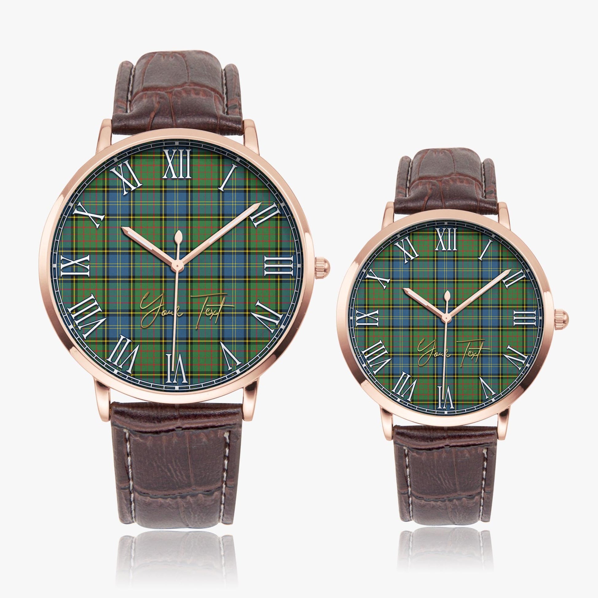 MacMillan Hunting Ancient Tartan Personalized Your Text Leather Trap Quartz Watch Ultra Thin Rose Gold Case With Brown Leather Strap - Tartanvibesclothing