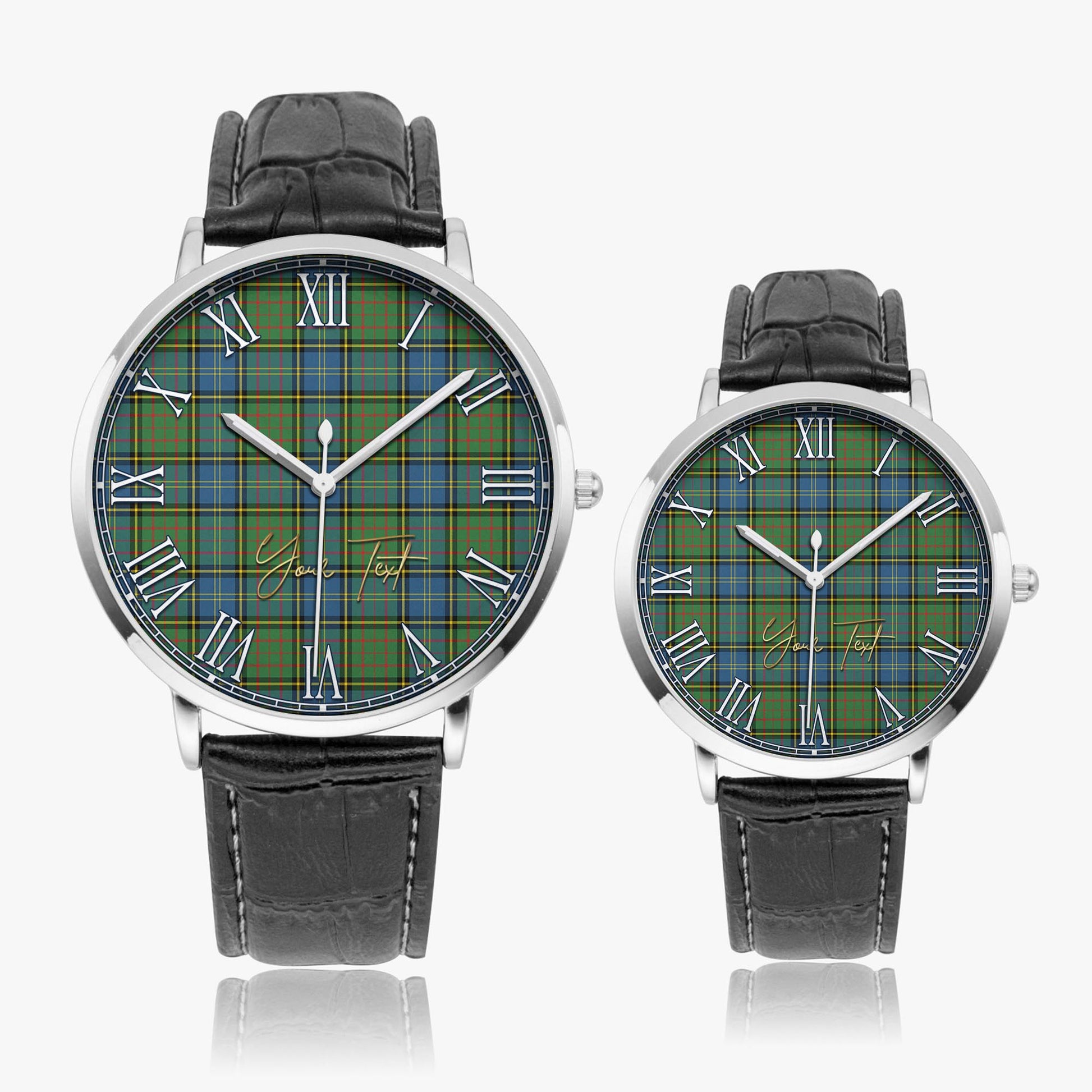 MacMillan Hunting Ancient Tartan Personalized Your Text Leather Trap Quartz Watch Ultra Thin Silver Case With Black Leather Strap - Tartanvibesclothing