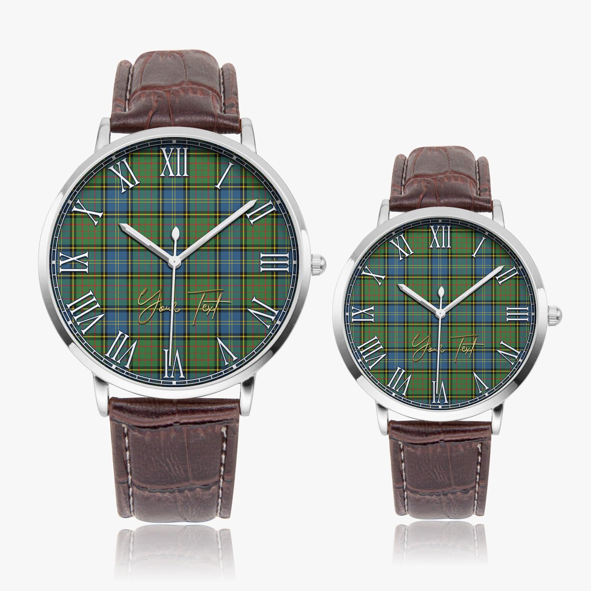 MacMillan Hunting Ancient Tartan Personalized Your Text Leather Trap Quartz Watch Ultra Thin Silver Case With Brown Leather Strap - Tartanvibesclothing