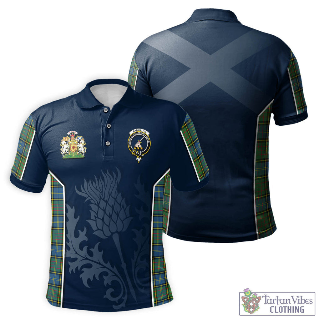 Tartan Vibes Clothing MacMillan Hunting Ancient Tartan Men's Polo Shirt with Family Crest and Scottish Thistle Vibes Sport Style