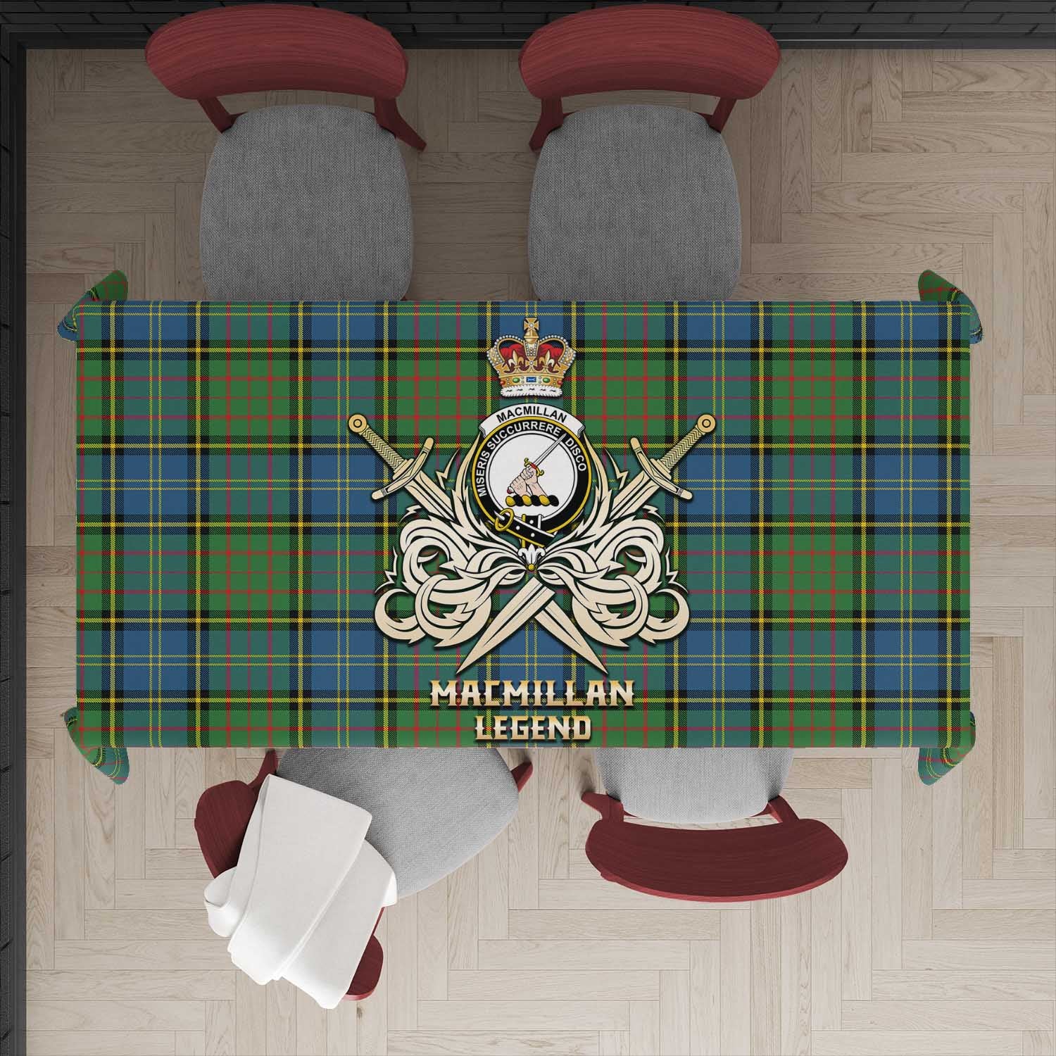 Tartan Vibes Clothing MacMillan Hunting Ancient Tartan Tablecloth with Clan Crest and the Golden Sword of Courageous Legacy