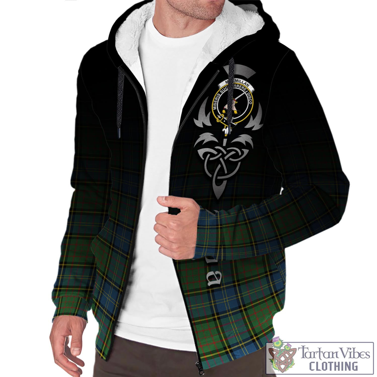 Tartan Vibes Clothing MacMillan Hunting Ancient Tartan Sherpa Hoodie Featuring Alba Gu Brath Family Crest Celtic Inspired