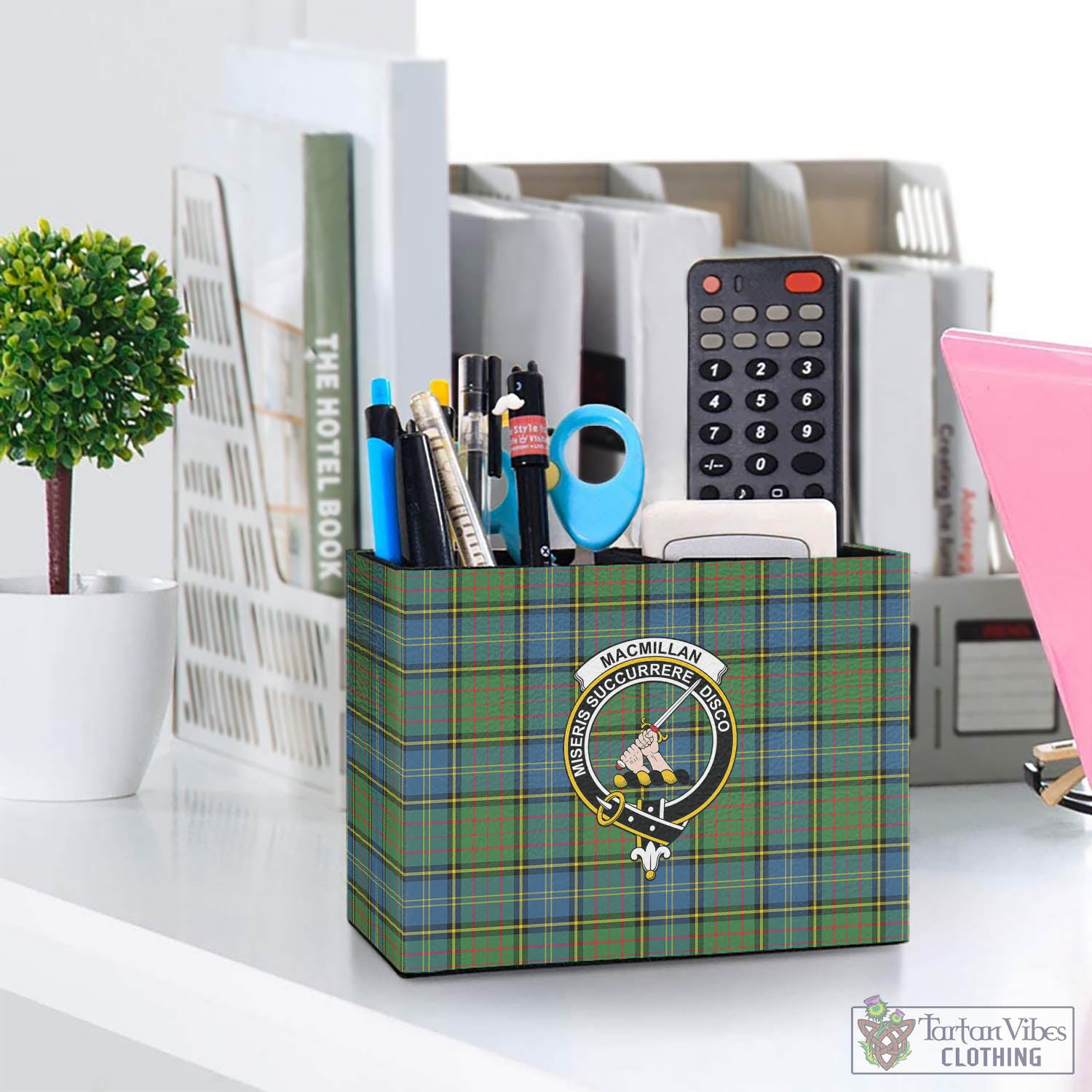 Tartan Vibes Clothing MacMillan Hunting Ancient Tartan Pen Holder with Family Crest