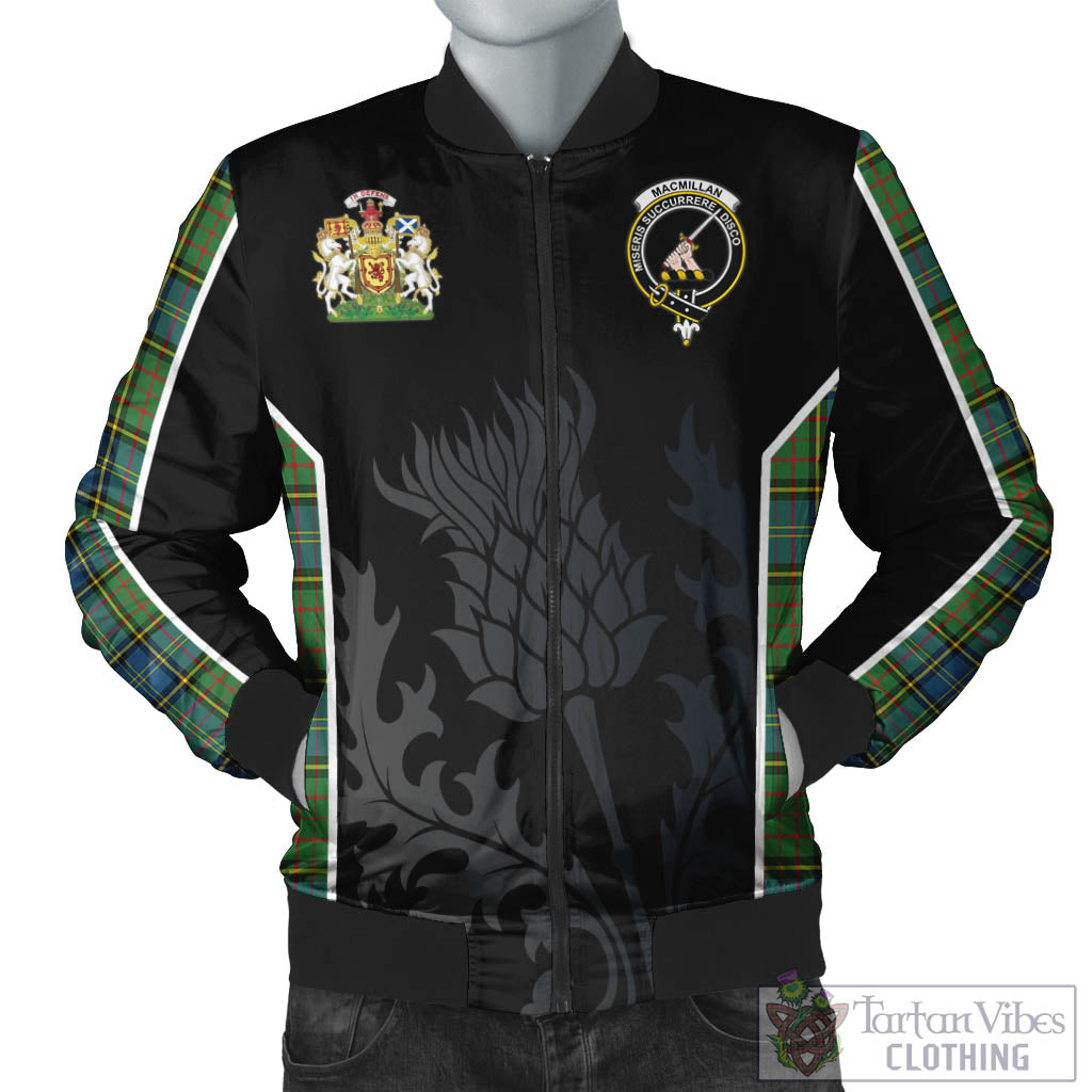 Tartan Vibes Clothing MacMillan Hunting Ancient Tartan Bomber Jacket with Family Crest and Scottish Thistle Vibes Sport Style