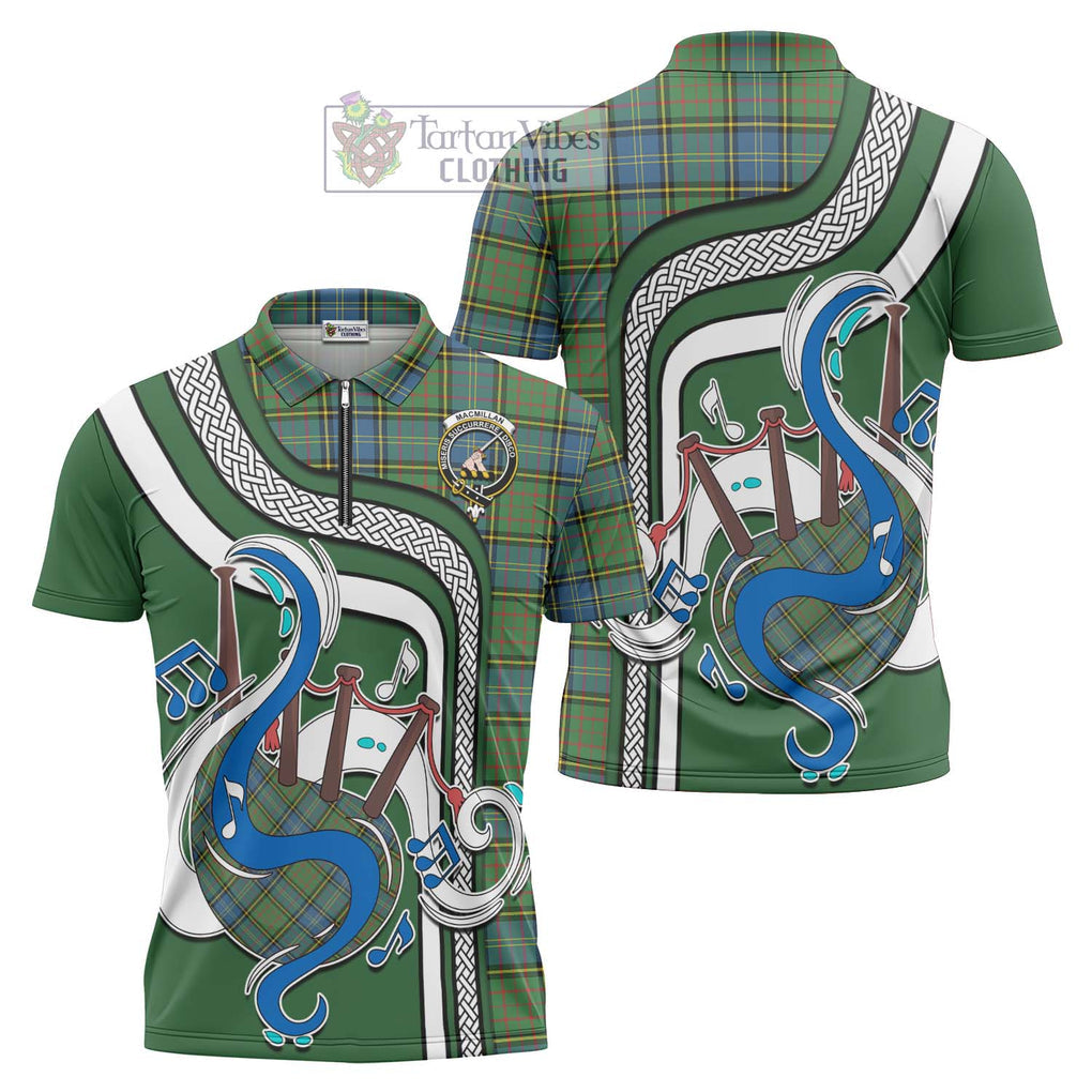 MacMillan Hunting Ancient Tartan Zipper Polo Shirt with Epic Bagpipe Style Unisex - Tartanvibesclothing Shop