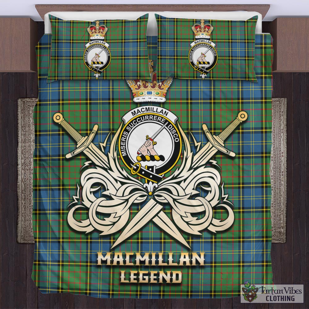 Tartan Vibes Clothing MacMillan Hunting Ancient Tartan Bedding Set with Clan Crest and the Golden Sword of Courageous Legacy