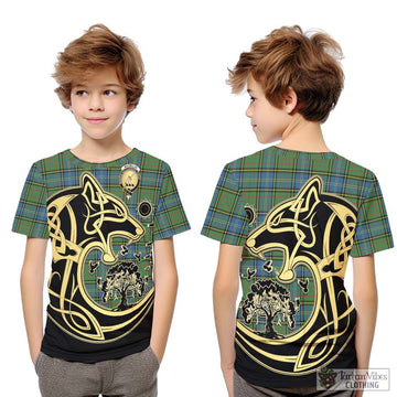 MacMillan Hunting Ancient Tartan Kid T-Shirt with Family Crest Celtic Wolf Style