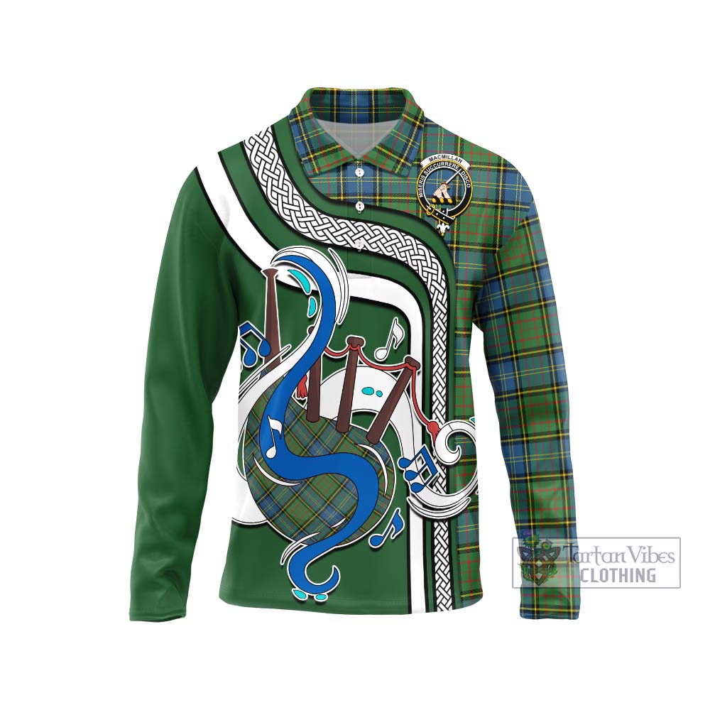 Tartan Vibes Clothing MacMillan Hunting Ancient Tartan Long Sleeve Polo Shirt with Epic Bagpipe Style