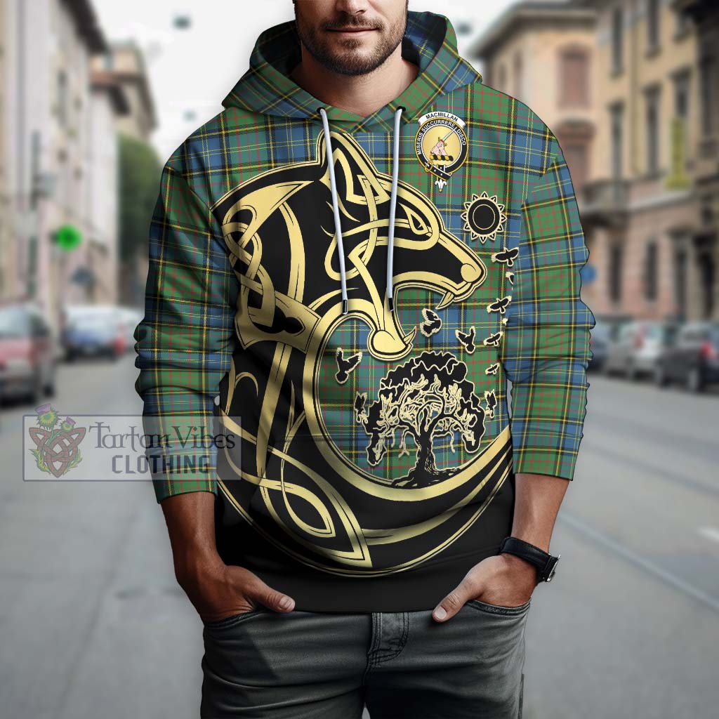 Tartan Vibes Clothing MacMillan Hunting Ancient Tartan Hoodie with Family Crest Celtic Wolf Style