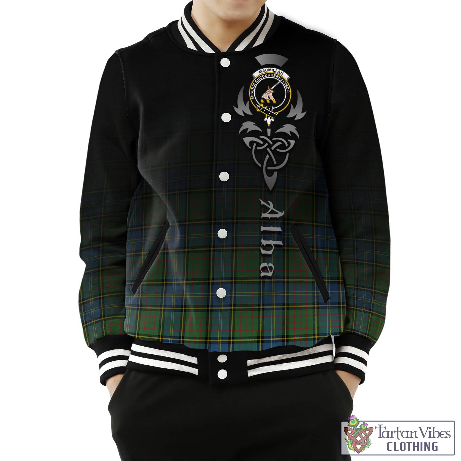 Tartan Vibes Clothing MacMillan Hunting Ancient Tartan Baseball Jacket Featuring Alba Gu Brath Family Crest Celtic Inspired