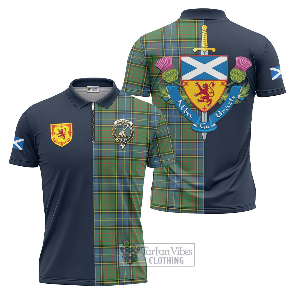 Tartan Vibes Clothing MacMillan Hunting Ancient Tartan Zipper Polo Shirt with Scottish Lion Royal Arm Half Style