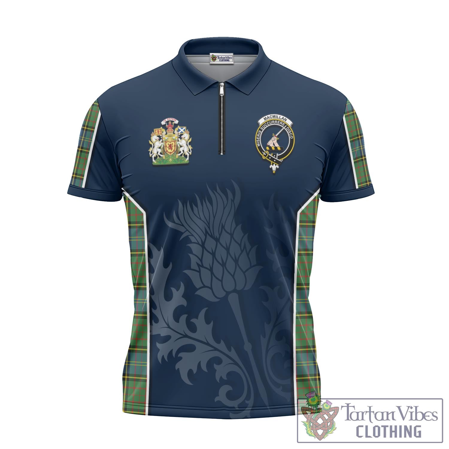 Tartan Vibes Clothing MacMillan Hunting Ancient Tartan Zipper Polo Shirt with Family Crest and Scottish Thistle Vibes Sport Style