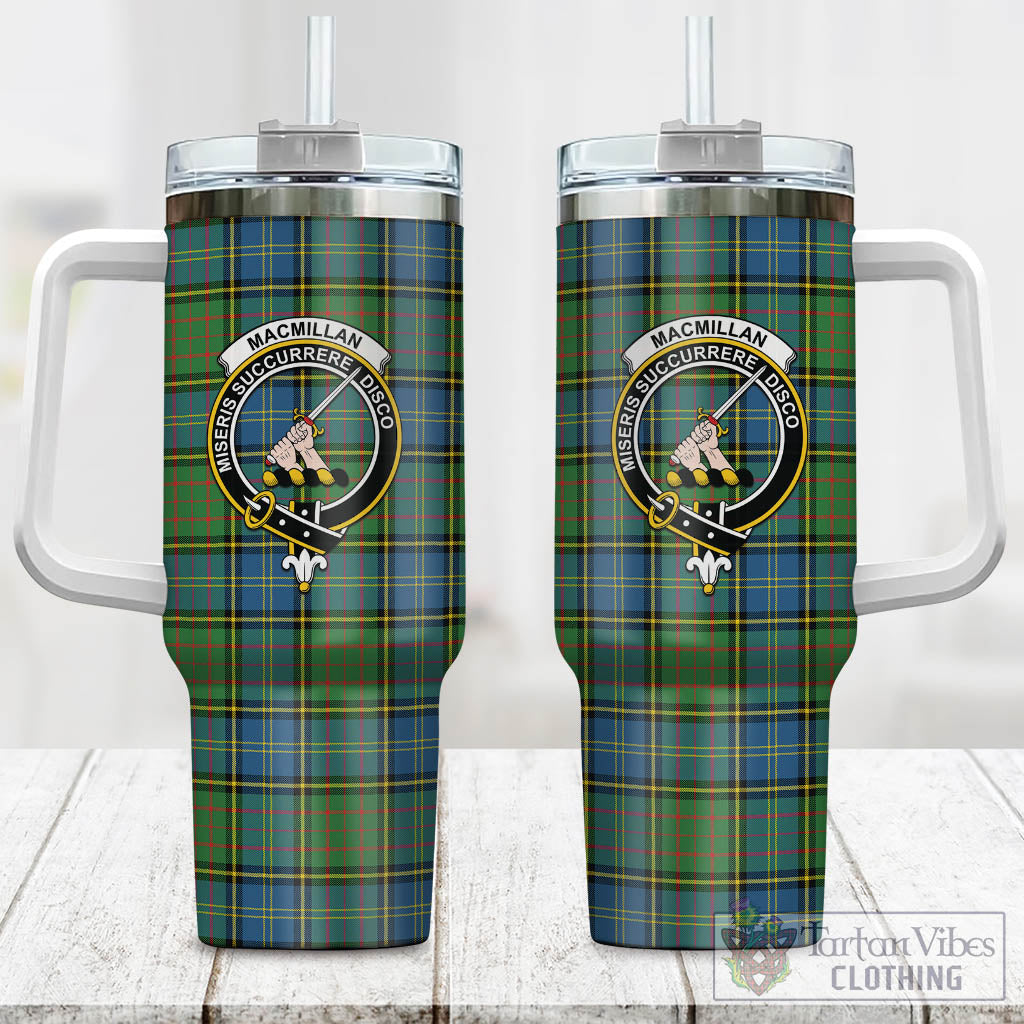 Tartan Vibes Clothing MacMillan Hunting Ancient Tartan and Family Crest Tumbler with Handle