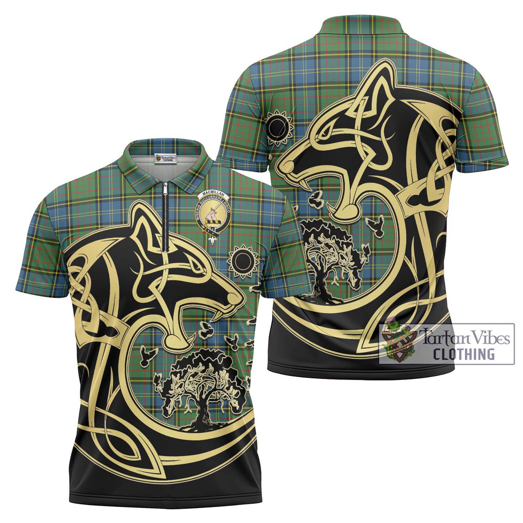 MacMillan Hunting Ancient Tartan Zipper Polo Shirt with Family Crest Celtic Wolf Style Unisex - Tartanvibesclothing Shop