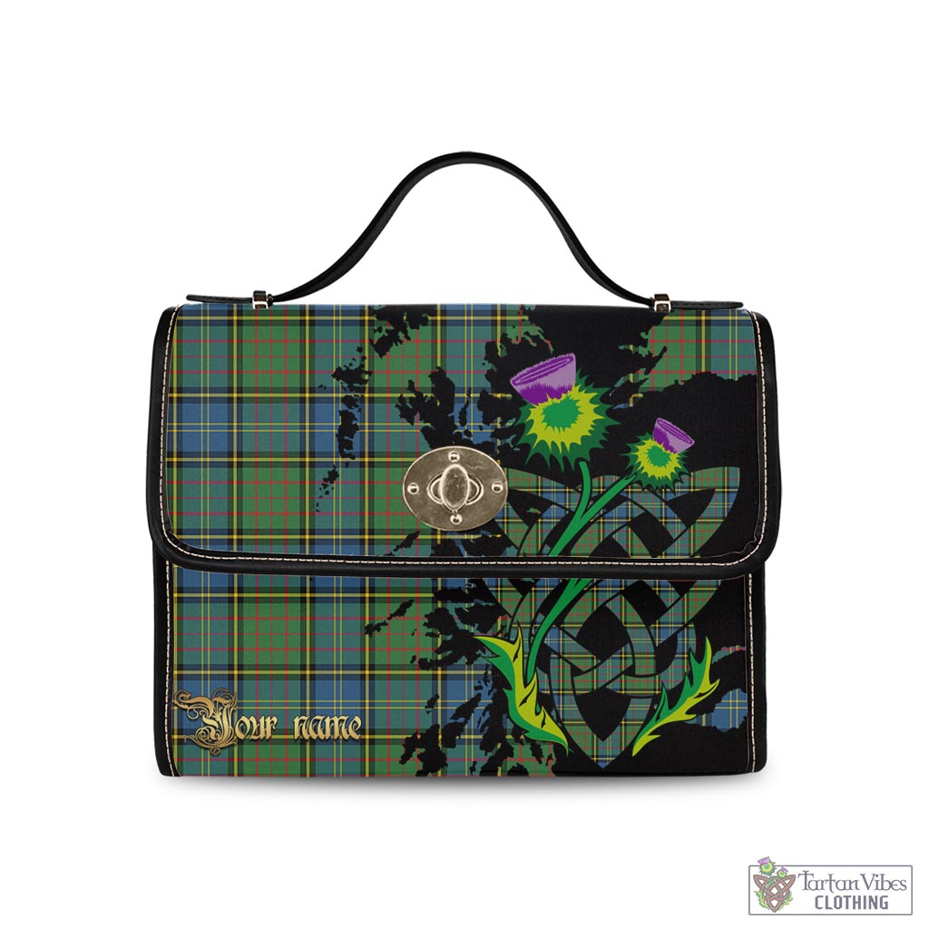 Tartan Vibes Clothing MacMillan Hunting Ancient Tartan Waterproof Canvas Bag with Scotland Map and Thistle Celtic Accents