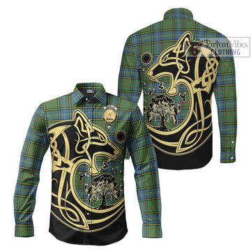 MacMillan Hunting Ancient Tartan Long Sleeve Button Shirt with Family Crest Celtic Wolf Style