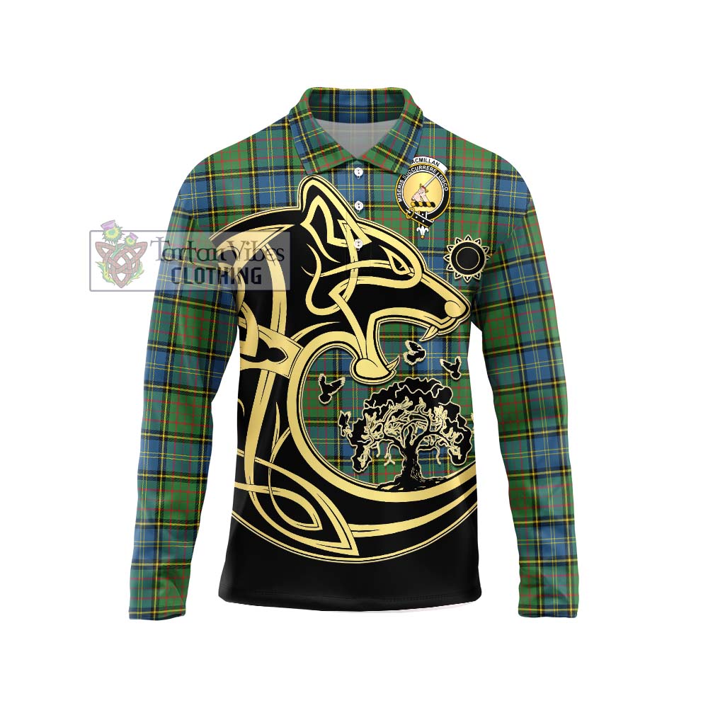 MacMillan Hunting Ancient Tartan Long Sleeve Polo Shirt with Family Crest Celtic Wolf Style Unisex - Tartanvibesclothing Shop