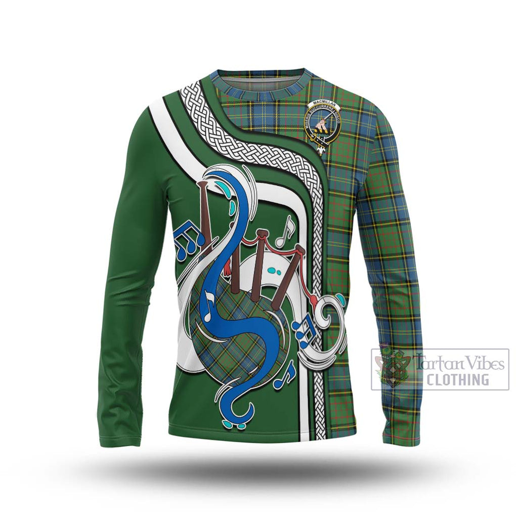 Tartan Vibes Clothing MacMillan Hunting Ancient Tartan Long Sleeve T-Shirt with Epic Bagpipe Style