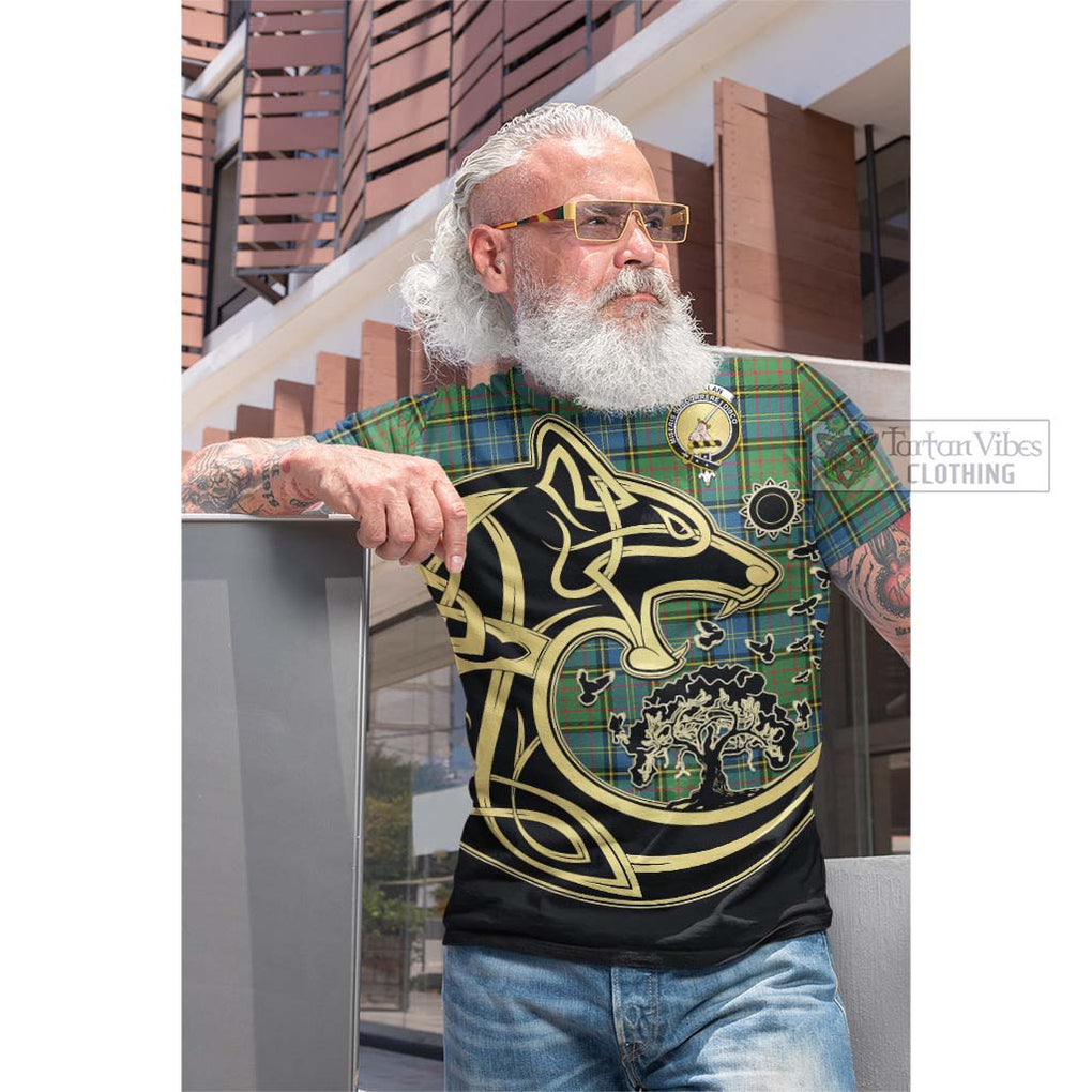 Tartan Vibes Clothing MacMillan Hunting Ancient Tartan Cotton T-shirt with Family Crest Celtic Wolf Style