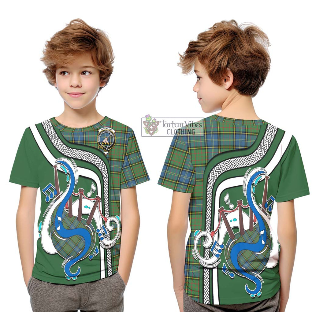 Tartan Vibes Clothing MacMillan Hunting Ancient Tartan Kid T-Shirt with Epic Bagpipe Style