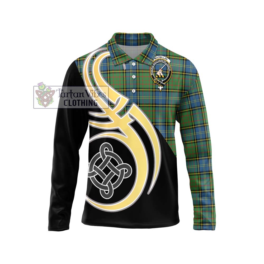 MacMillan Hunting Ancient Tartan Long Sleeve Polo Shirt with Family Crest and Celtic Symbol Style Unisex - Tartan Vibes Clothing