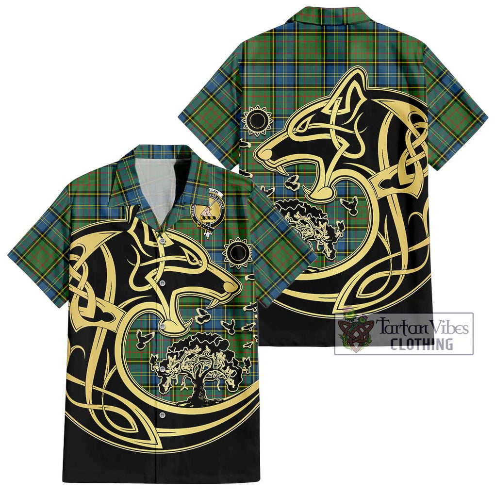 MacMillan Hunting Ancient Tartan Short Sleeve Button Shirt with Family Crest Celtic Wolf Style Kid - Tartan Vibes Clothing