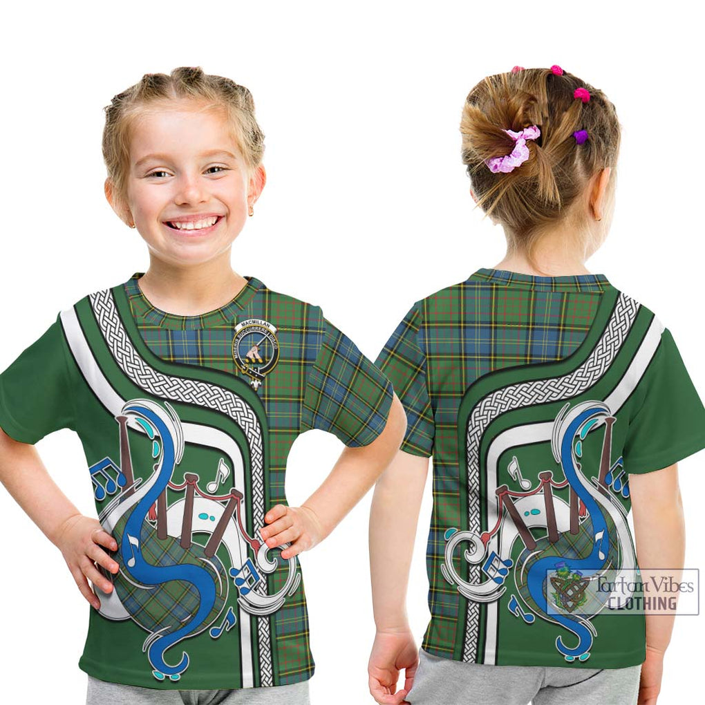 Tartan Vibes Clothing MacMillan Hunting Ancient Tartan Kid T-Shirt with Epic Bagpipe Style