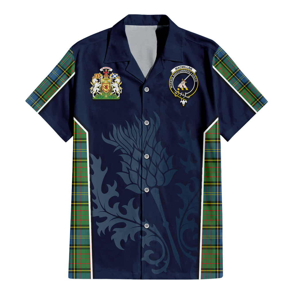 Tartan Vibes Clothing MacMillan Hunting Ancient Tartan Short Sleeve Button Up Shirt with Family Crest and Scottish Thistle Vibes Sport Style