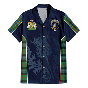 MacMillan Hunting Ancient Tartan Short Sleeve Button Up Shirt with Family Crest and Scottish Thistle Vibes Sport Style