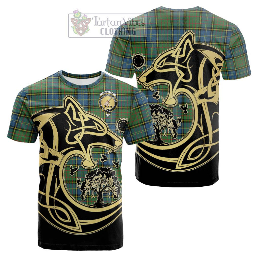 Tartan Vibes Clothing MacMillan Hunting Ancient Tartan Cotton T-shirt with Family Crest Celtic Wolf Style