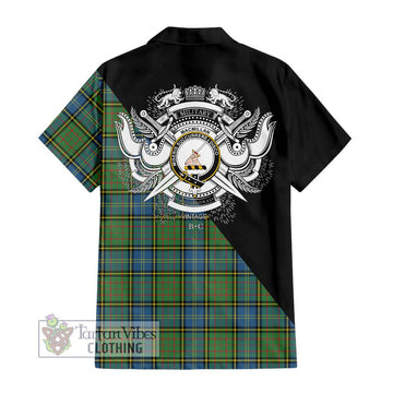 MacMillan Hunting Ancient Tartan Short Sleeve Button Shirt with Family Crest and Military Logo Style