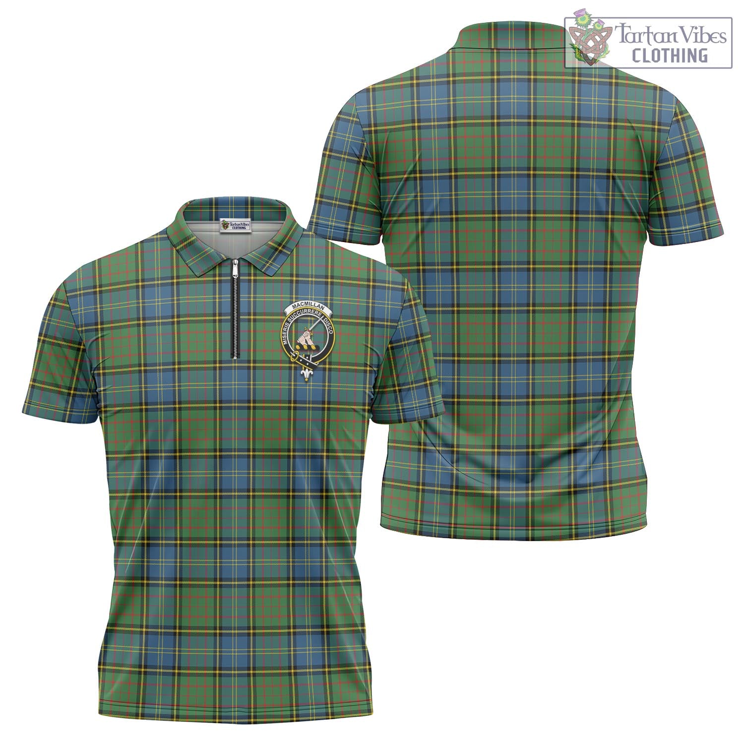 Tartan Vibes Clothing MacMillan Hunting Ancient Tartan Zipper Polo Shirt with Family Crest