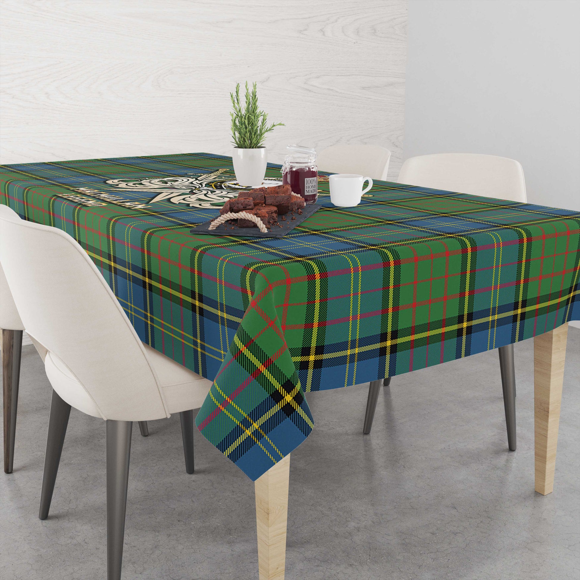 Tartan Vibes Clothing MacMillan Hunting Ancient Tartan Tablecloth with Clan Crest and the Golden Sword of Courageous Legacy