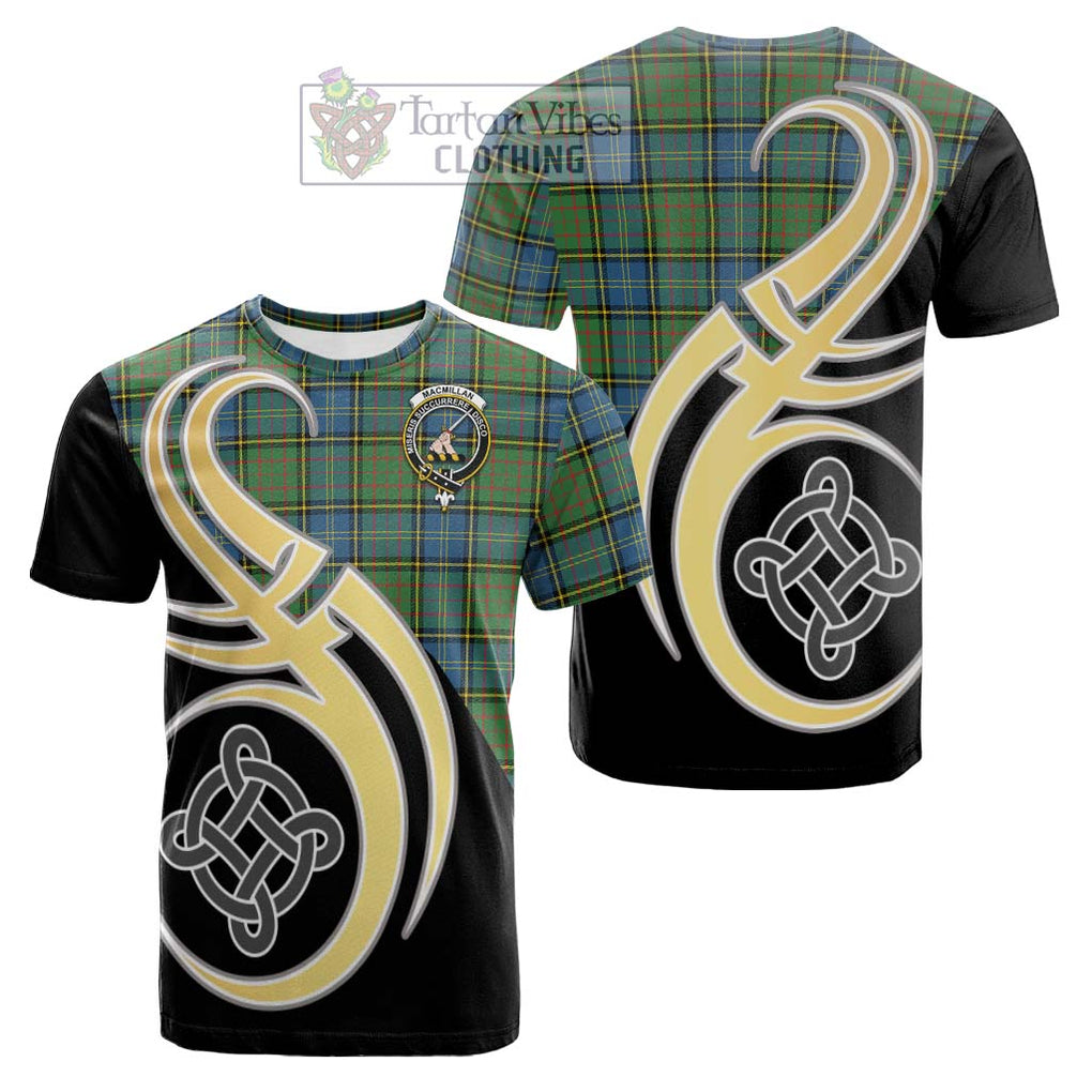 Tartan Vibes Clothing MacMillan Hunting Ancient Tartan Cotton T-shirt with Family Crest and Celtic Symbol Style