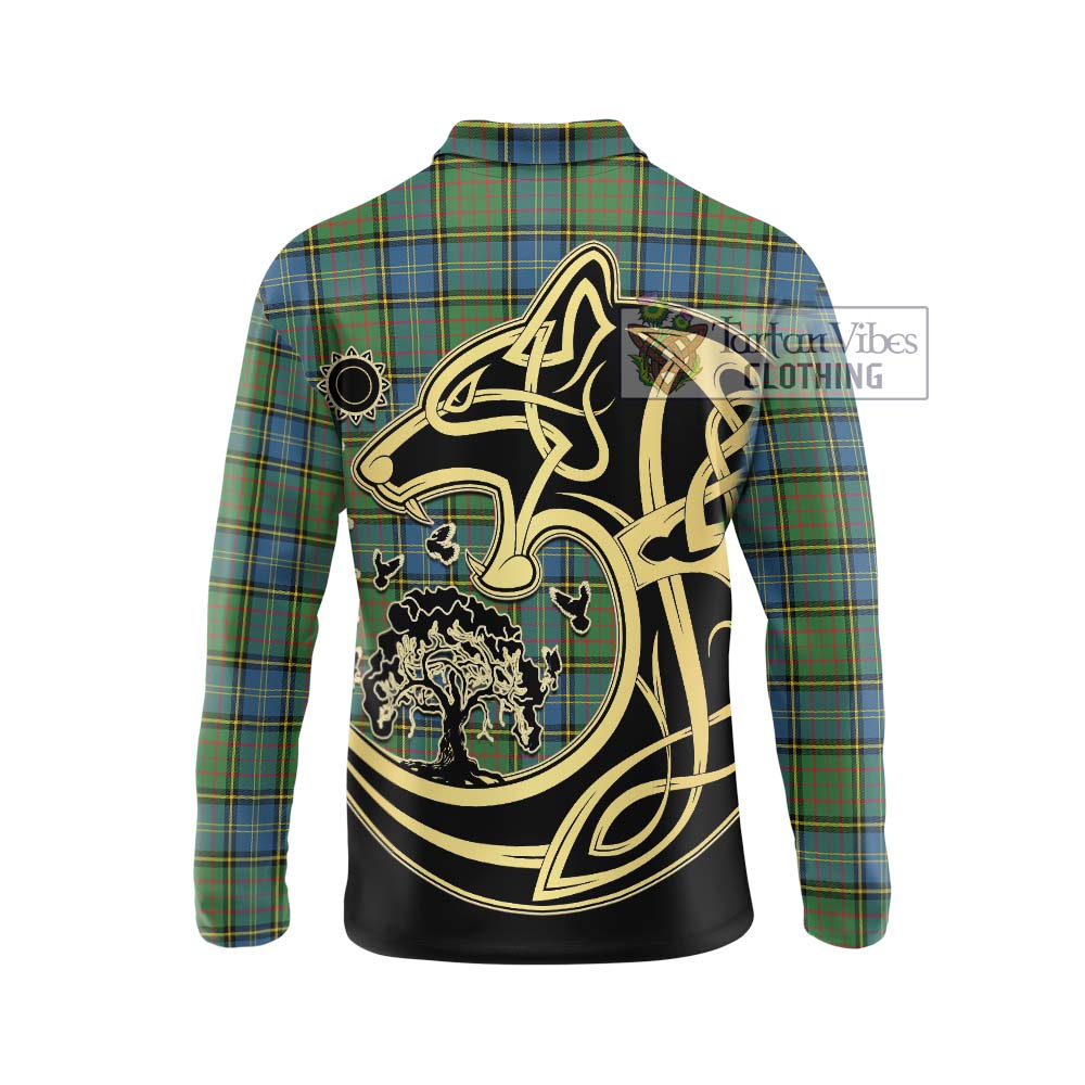 MacMillan Hunting Ancient Tartan Long Sleeve Polo Shirt with Family Crest Celtic Wolf Style - Tartanvibesclothing Shop