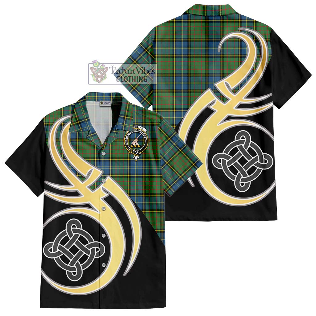 MacMillan Hunting Ancient Tartan Short Sleeve Button Shirt with Family Crest and Celtic Symbol Style - Tartan Vibes Clothing