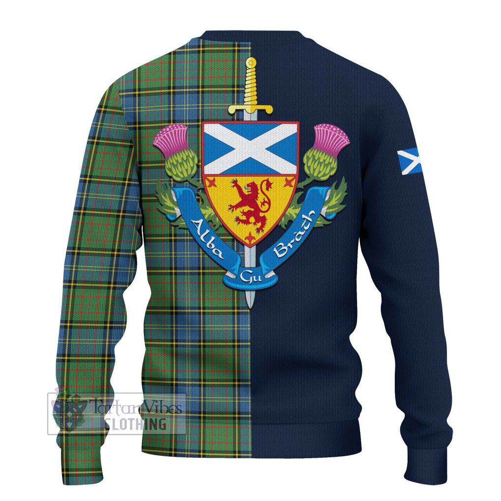 Tartan Vibes Clothing MacMillan Hunting Ancient Tartan Knitted Sweater with Scottish Lion Royal Arm Half Style