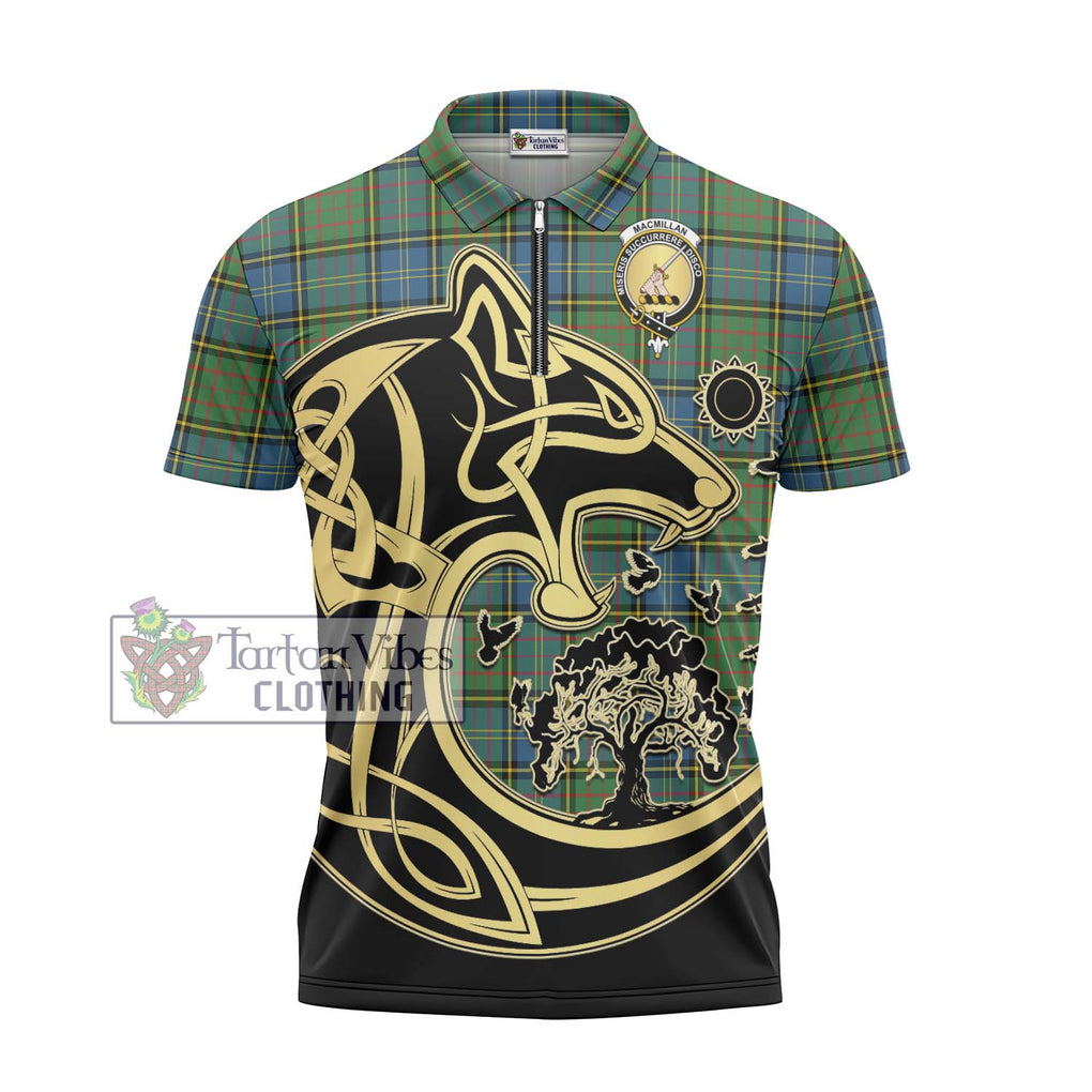 MacMillan Hunting Ancient Tartan Zipper Polo Shirt with Family Crest Celtic Wolf Style - Tartanvibesclothing Shop