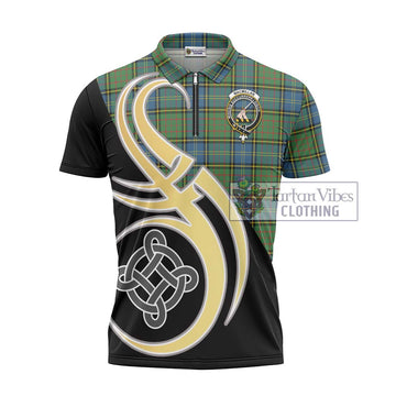 MacMillan Hunting Ancient Tartan Zipper Polo Shirt with Family Crest and Celtic Symbol Style