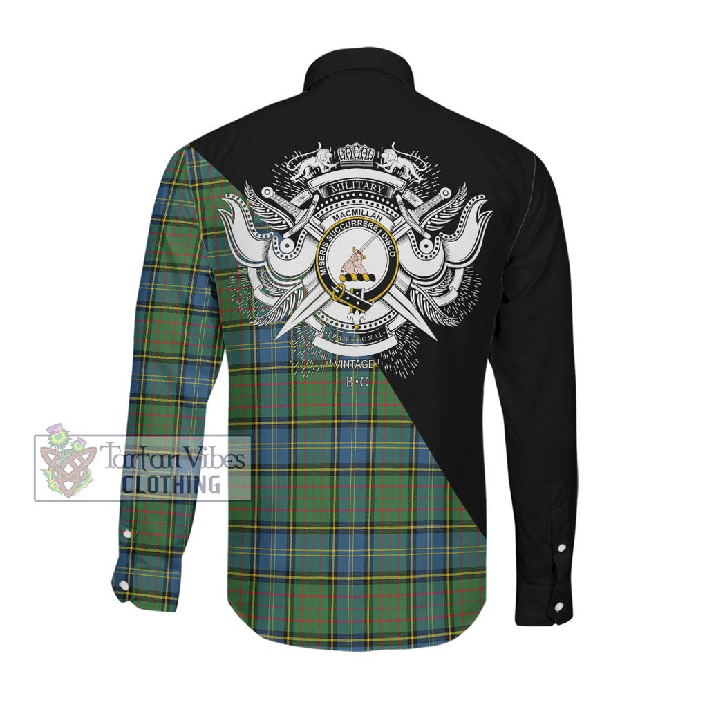 MacMillan Hunting Ancient Tartan Long Sleeve Button Shirt with Family Crest and Military Logo Style Men's Shirt - Tartanvibesclothing Shop