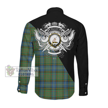 MacMillan Hunting Ancient Tartan Long Sleeve Button Shirt with Family Crest and Military Logo Style