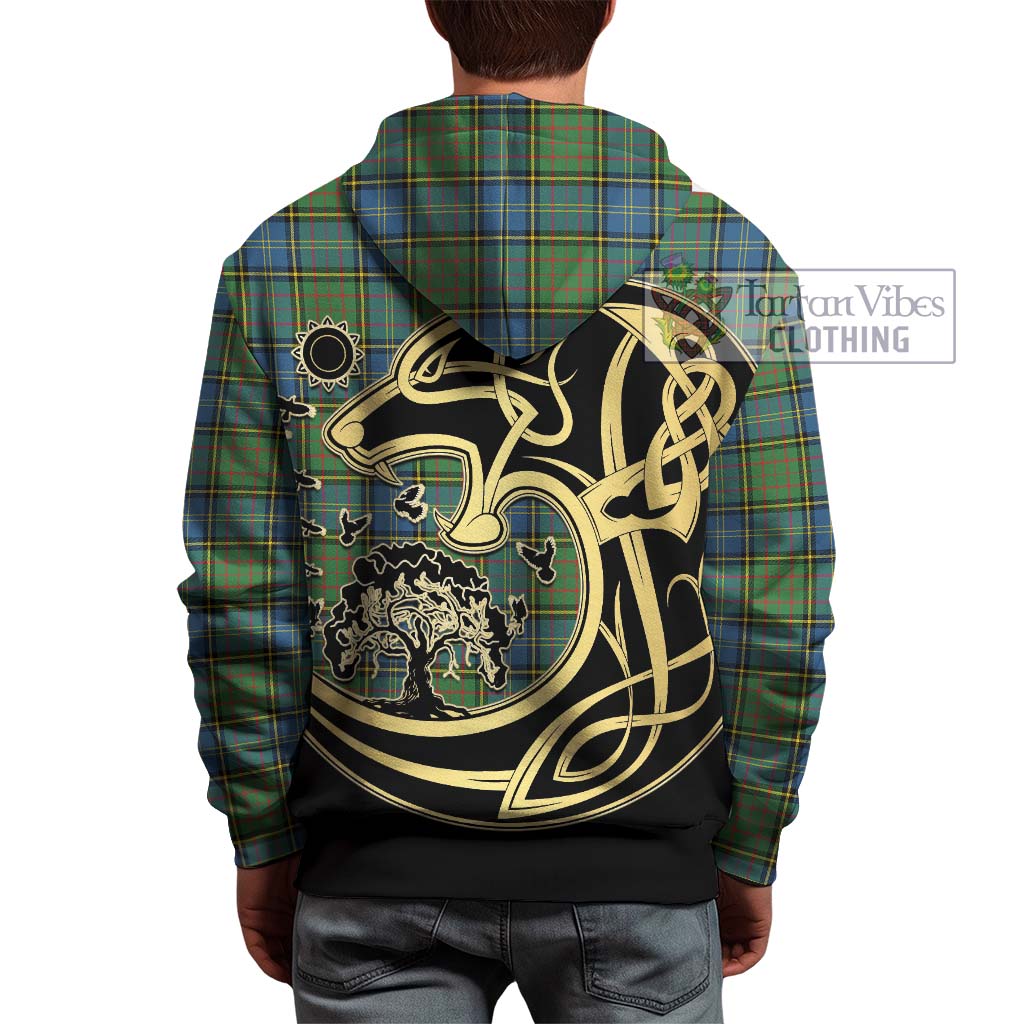 Tartan Vibes Clothing MacMillan Hunting Ancient Tartan Hoodie with Family Crest Celtic Wolf Style
