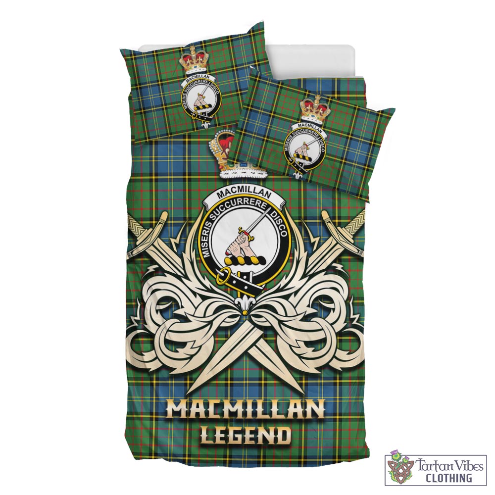 Tartan Vibes Clothing MacMillan Hunting Ancient Tartan Bedding Set with Clan Crest and the Golden Sword of Courageous Legacy