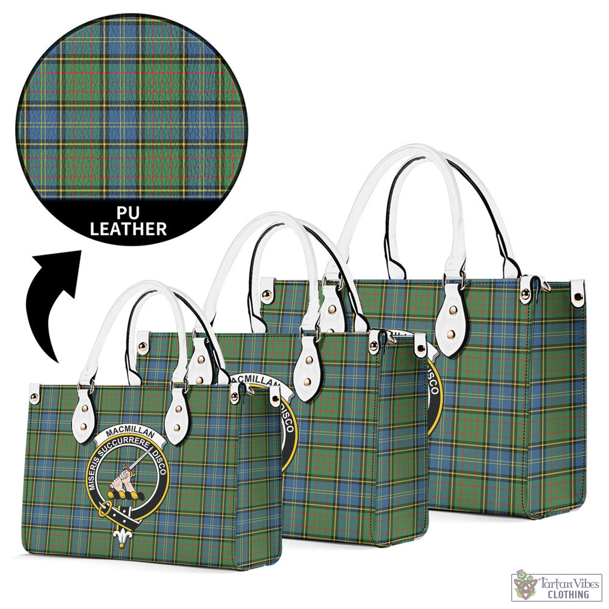 Tartan Vibes Clothing MacMillan Hunting Ancient Tartan Luxury Leather Handbags with Family Crest